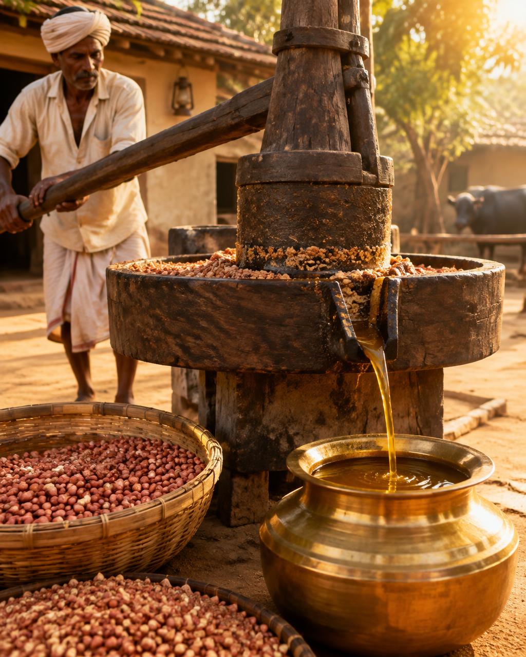 Traditional wooden ghani pressing groundnuts